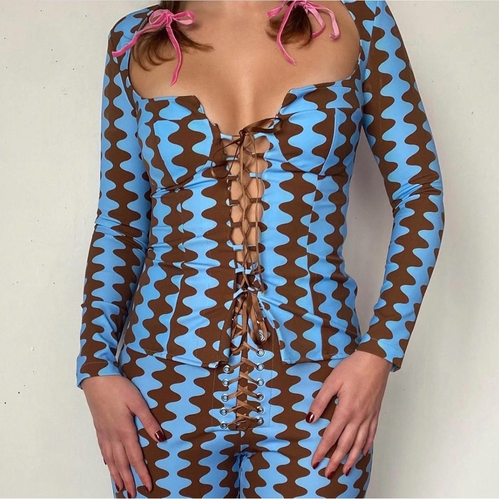 Brown and Blue Lace-Up Top and Pants Set